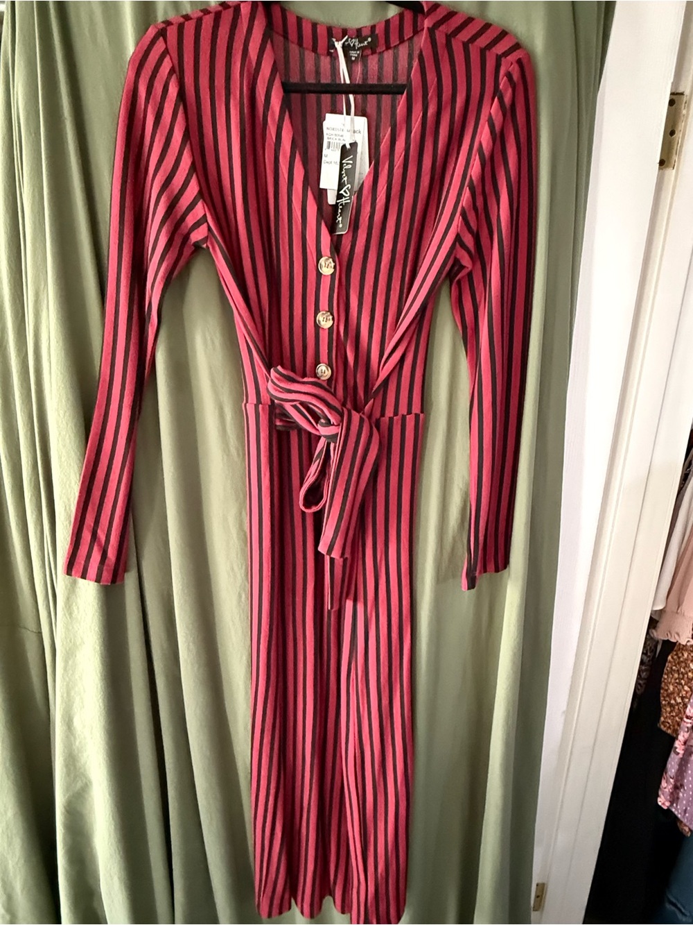 Velvet Heart Red & Black Striped Long Sleeve Midi Dress with Tie Waist sz M